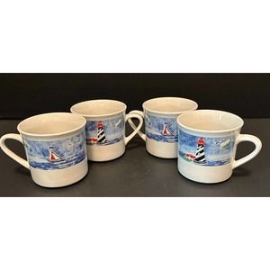 GIBSON Everyday Lighthouse Ocean Seagulls Sailboat 8oz. Set of 4 Coffee Mug/Cup